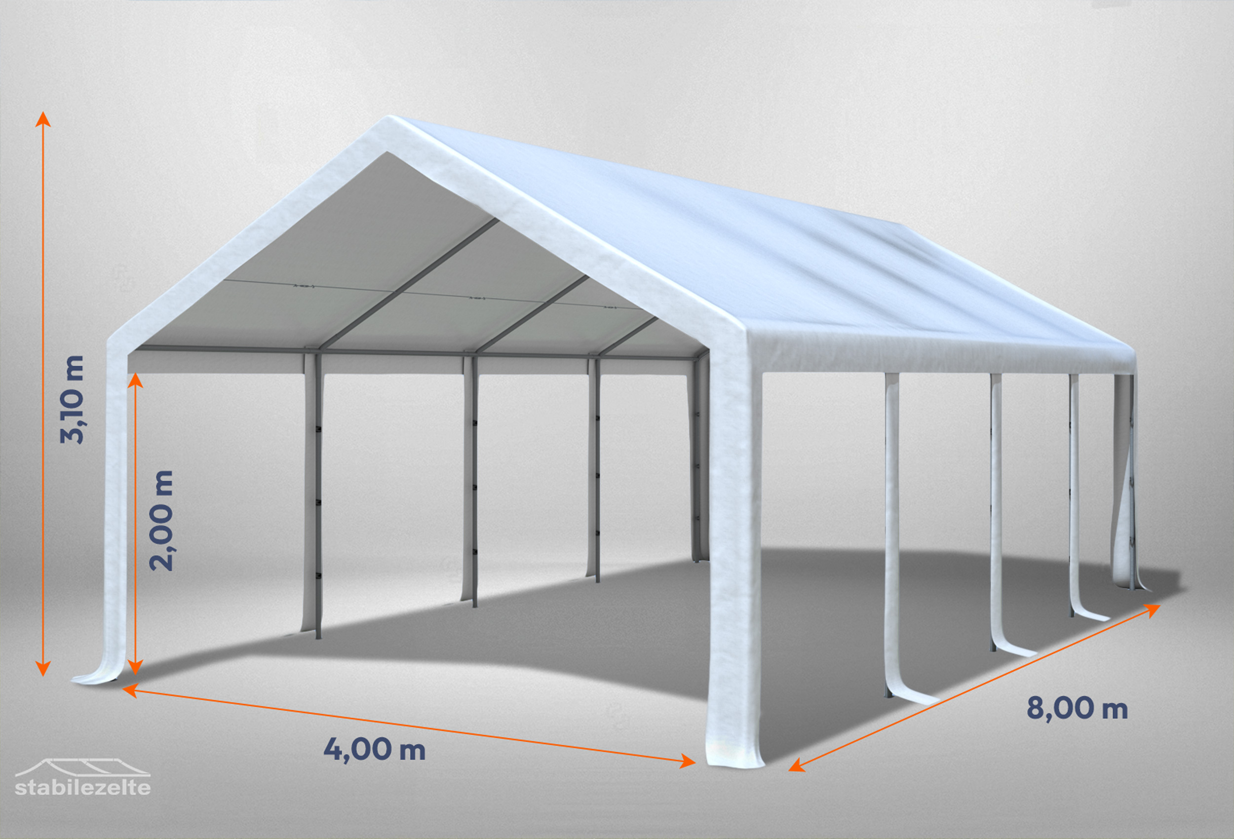 Weißes Partyzelt ohne Seitenteile der Modular Serie mitsamt Bemaßung 4 x 8m