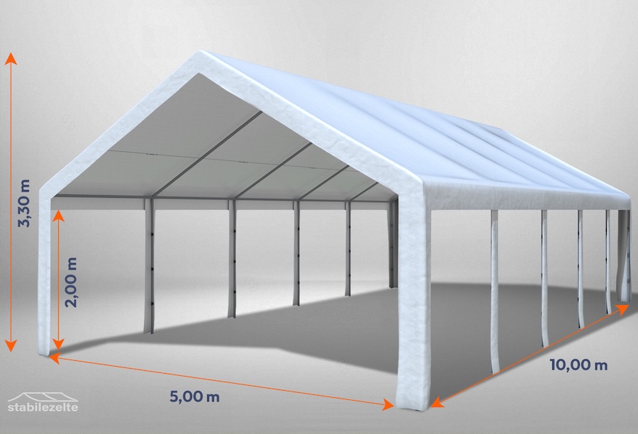 Weißes Partyzelt der Modular Serie ohne Seitenteile 5 x 10m