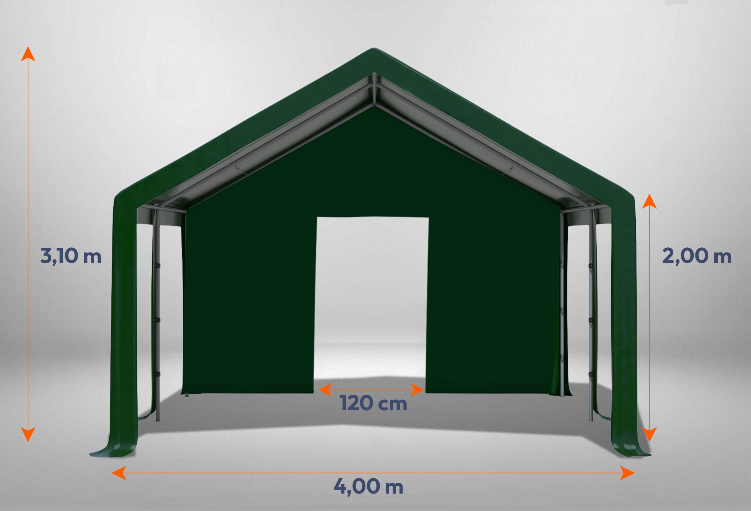 Grünes Giebelteil mit kleiner Tür 4m für Partyzelte der Modular Serie mitsamt Bemaßung