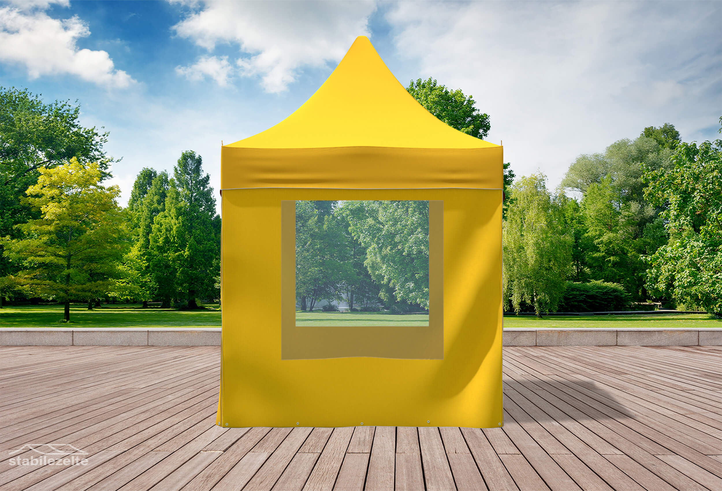 Gelber Faltpavillon mit Fenster 3 x 2m in einem Park