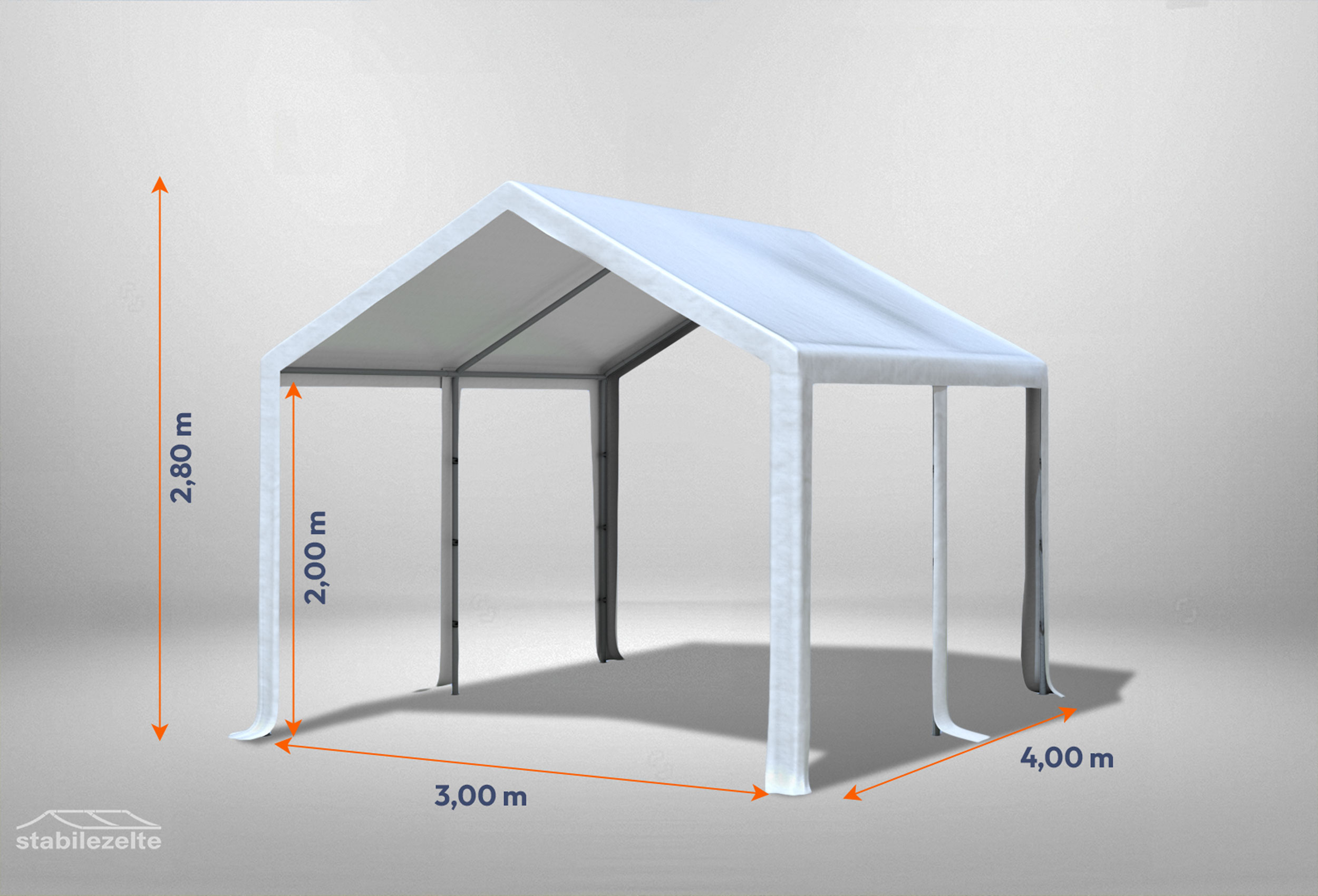 Weißes Partyzelt ohne Seitenteile der Modular Serie mitsamt Bemaßung 3 x 4m