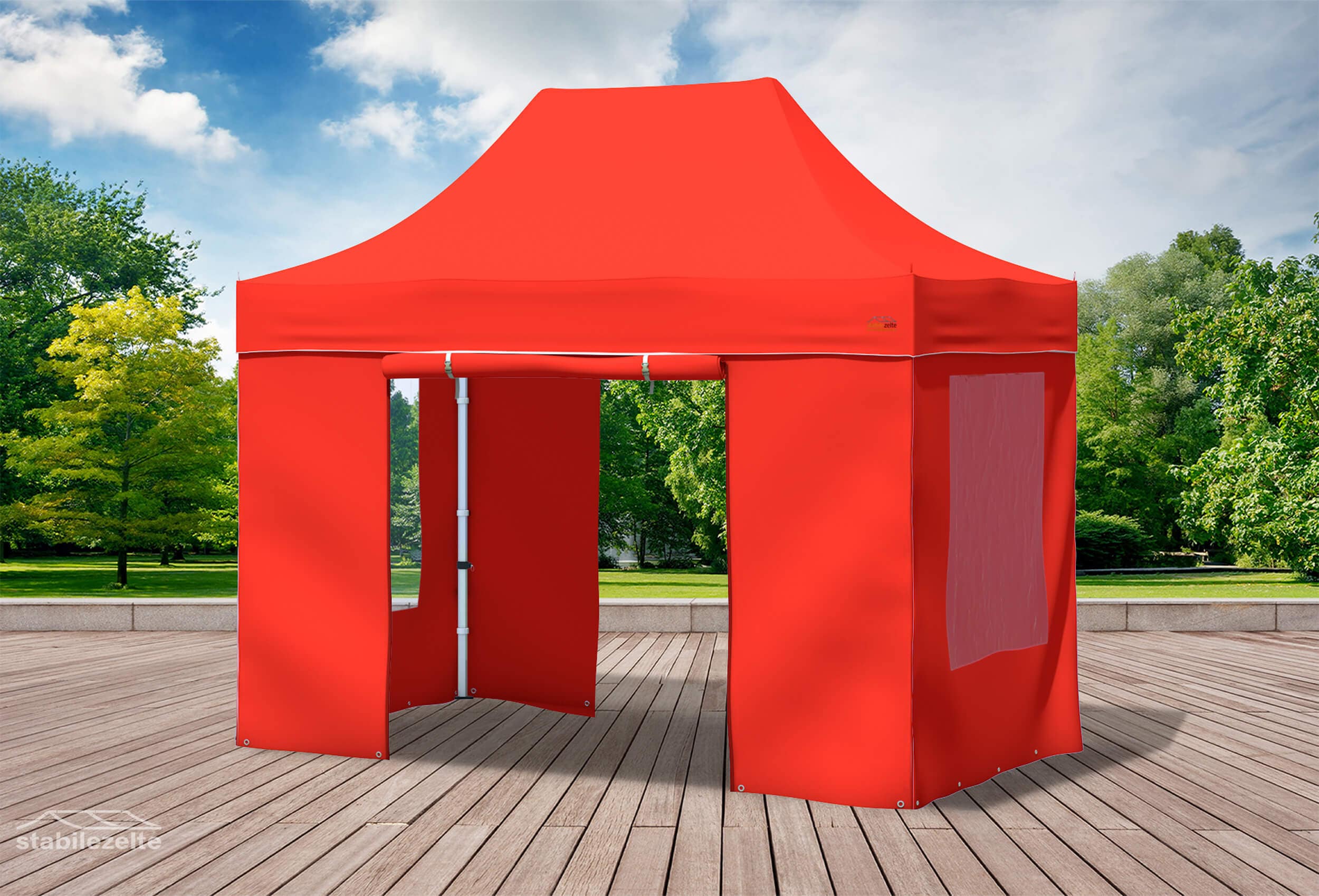 Roter Faltpavillon mit Fenster und Türen 3 x 2m in einem Park