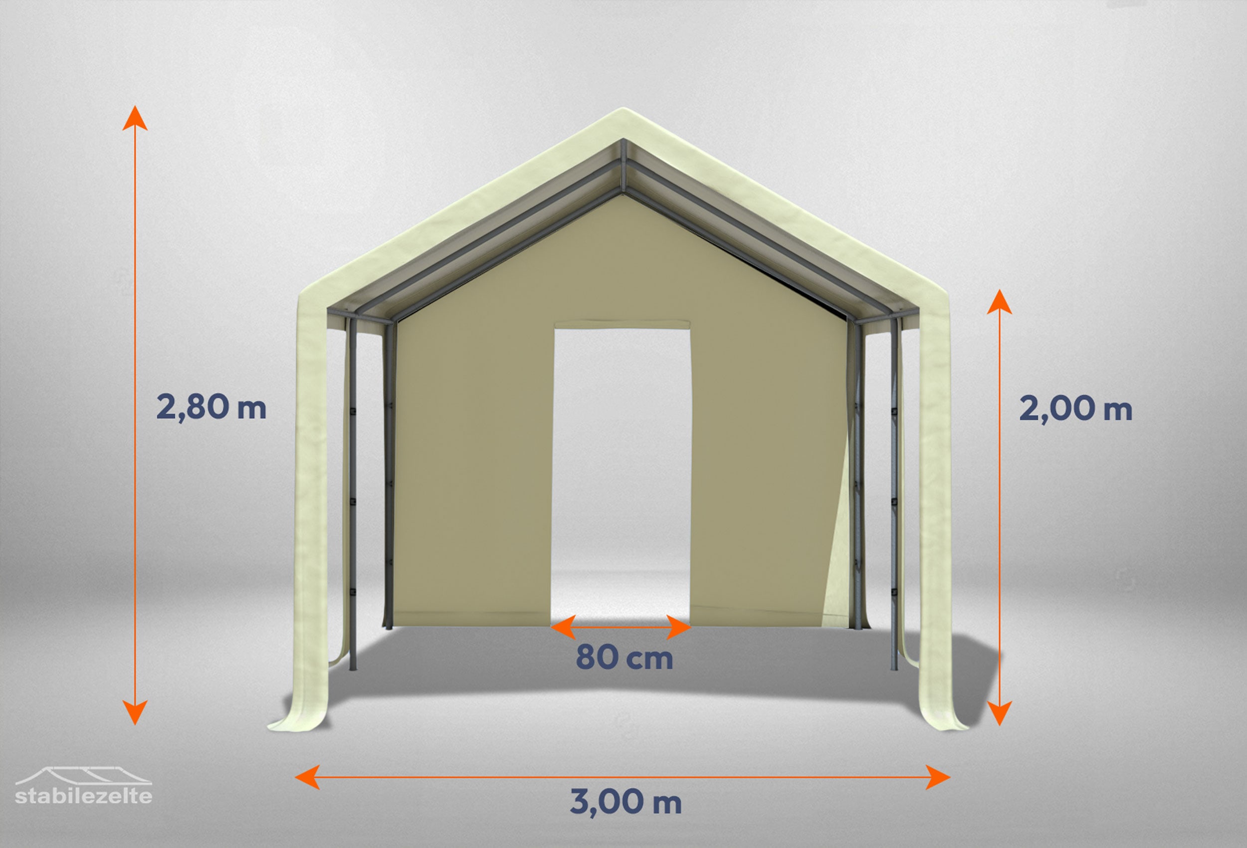 Beiges Giebelteil mit kleiner Tür 3m für Partyzelte der Modular Serie mitsamt Bemaßung