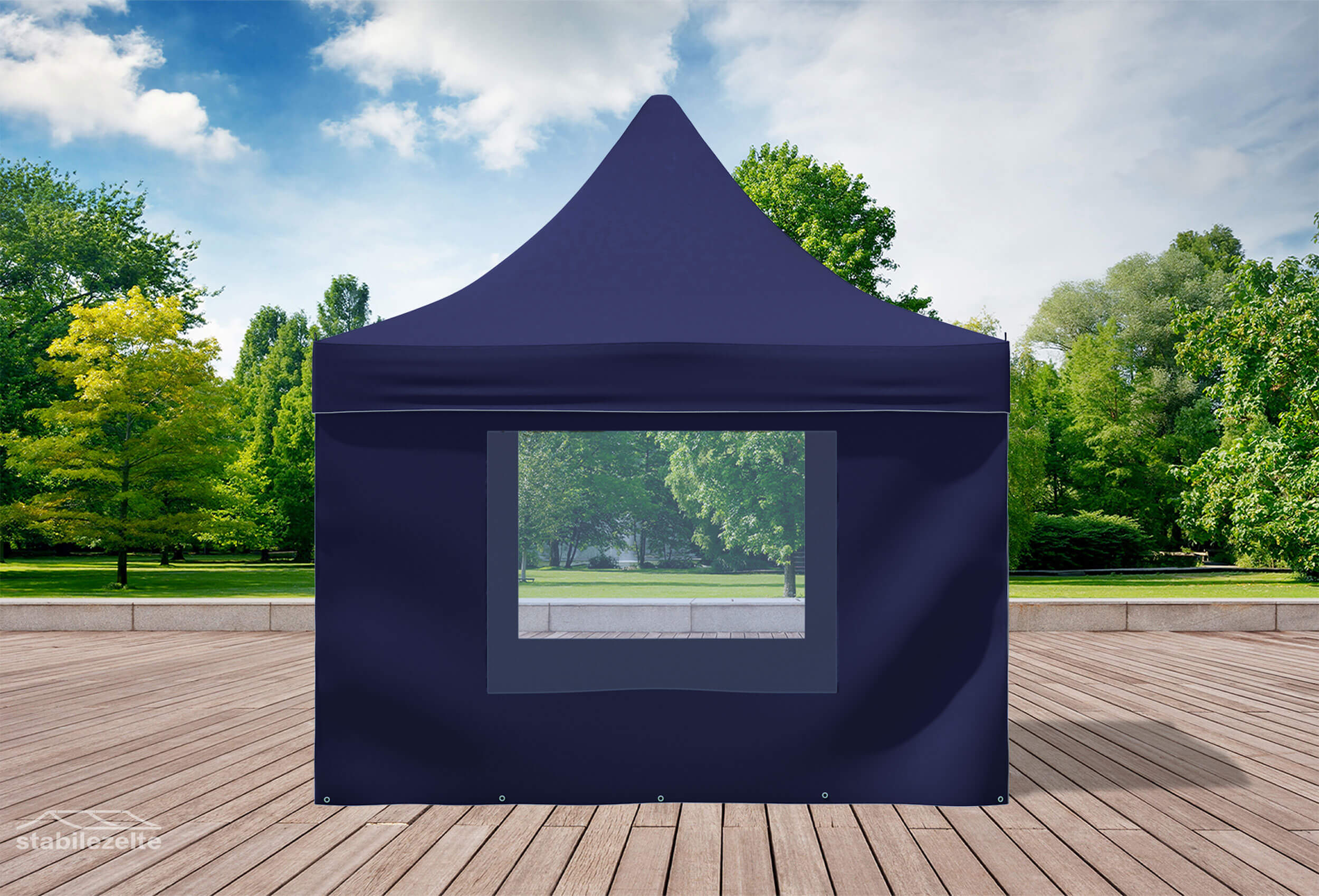 Blauer Faltpavillon mit Fenster 3 x 3m in einem Park