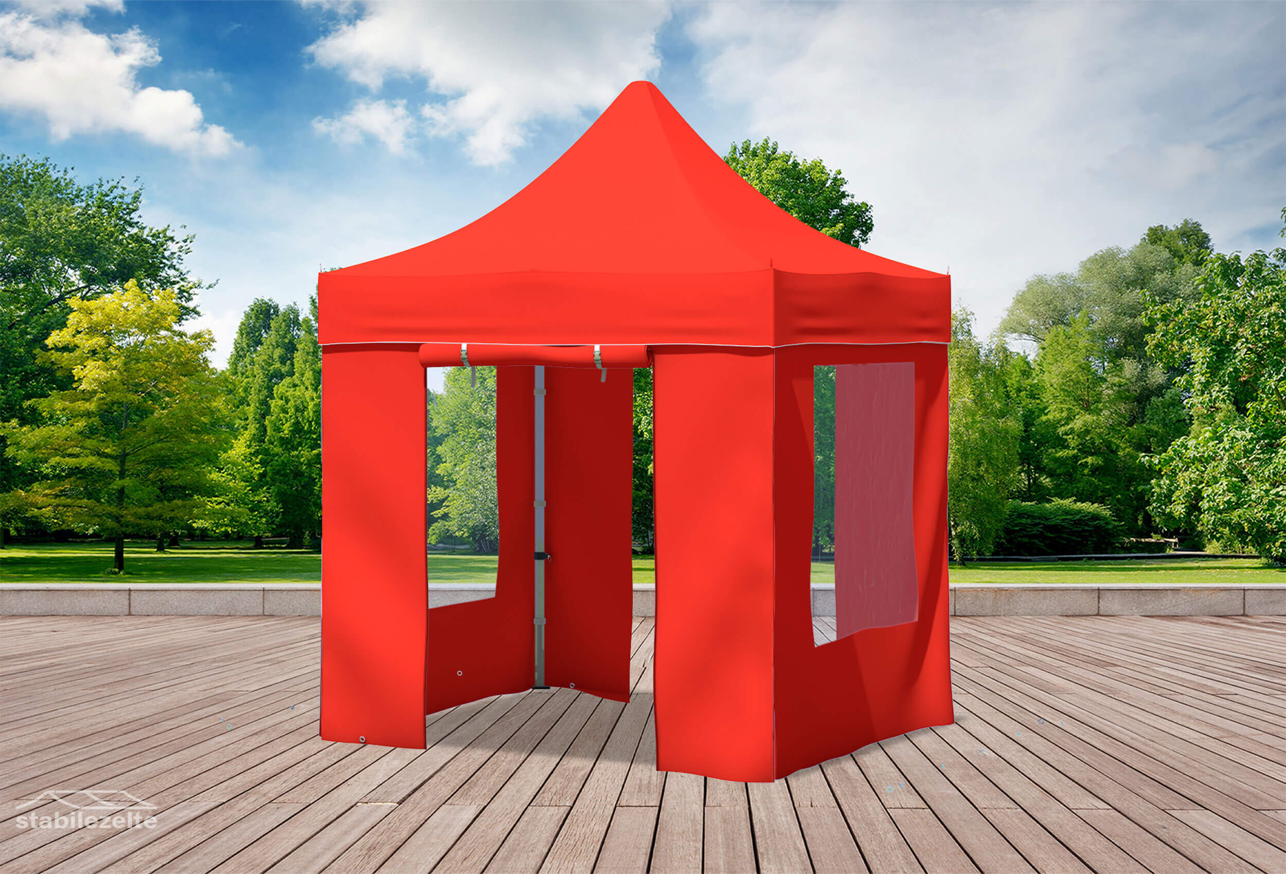 Roter Faltpavillon mit Fenstern und Türen 2 x 2m in einem Park