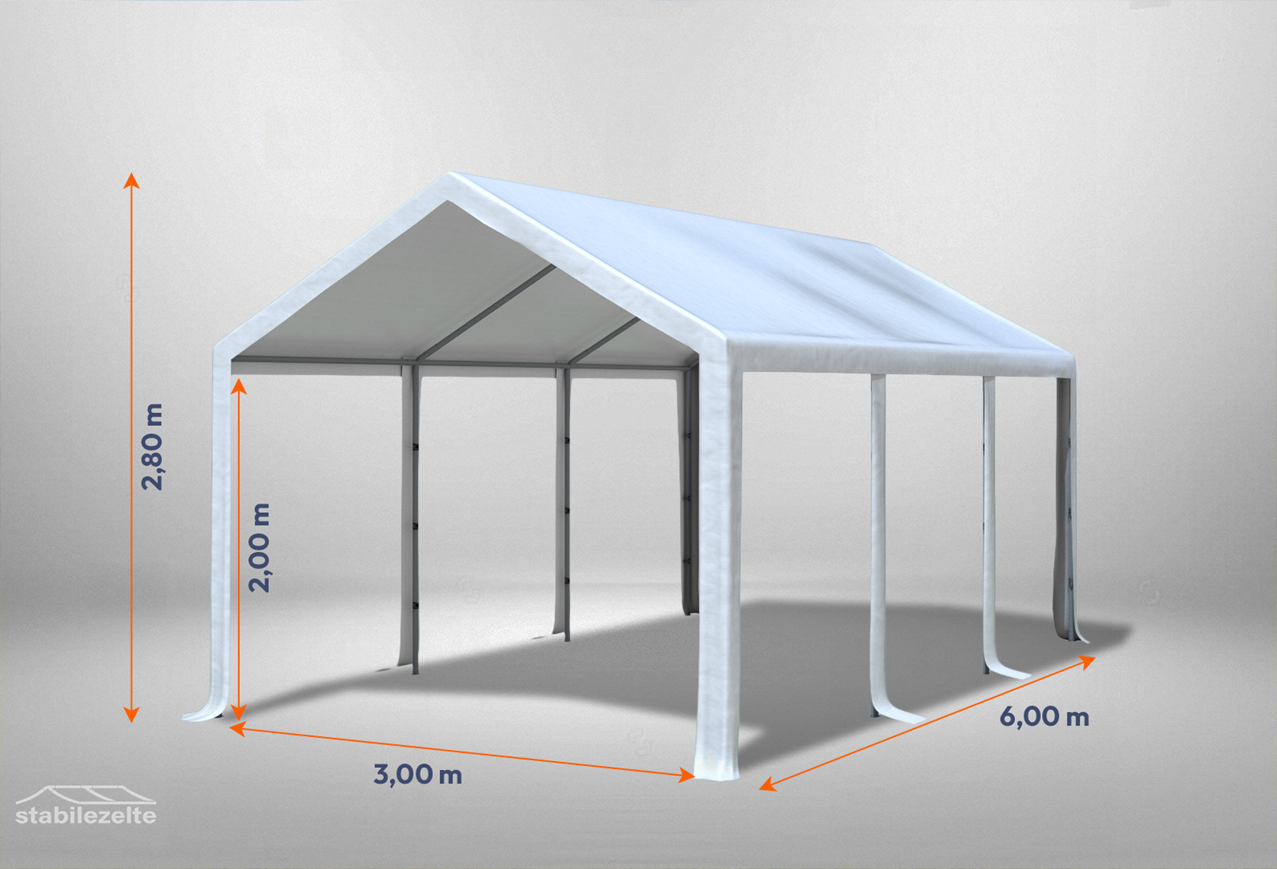 Weißes Partyzelt ohne Seitenteile der Modular Serie mitsamt Bemaßung 3 x 6m