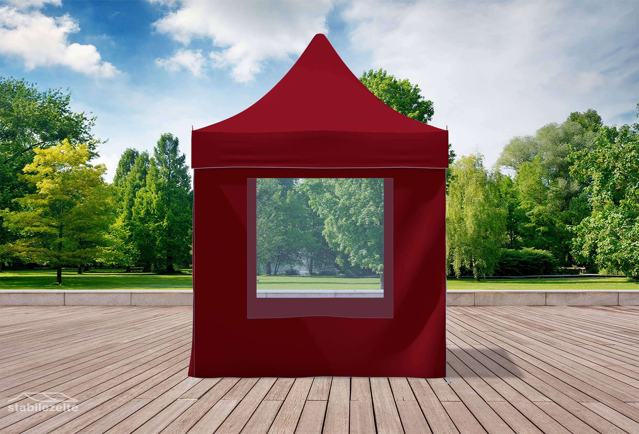 Bordeauxfarbener Faltpavillon mit Fenstern 2 x 2m in einem Park