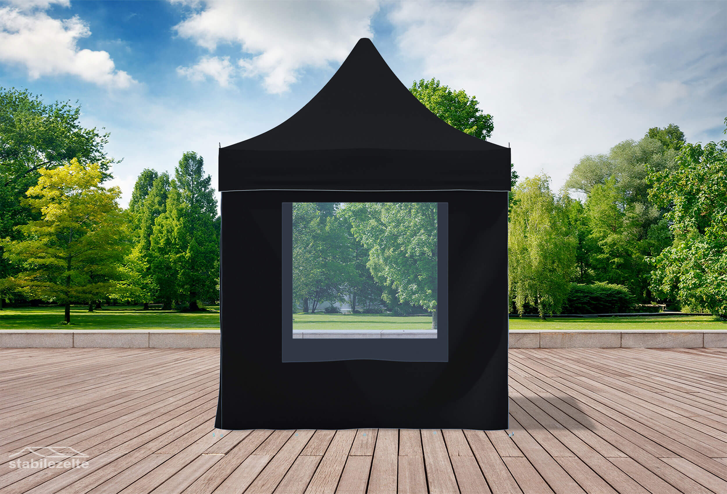 Schwarzer Faltpavillon mit Fenstern 2 x 2m in einem Park